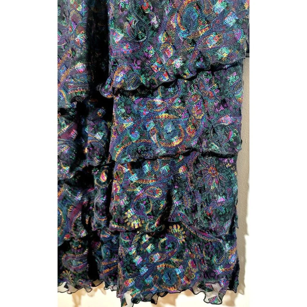 Vtg Cattiva Dress Sz M Midi Geometric Bow Layered Ruffle Chiffon Metallic Retro - Picture 5 of 12